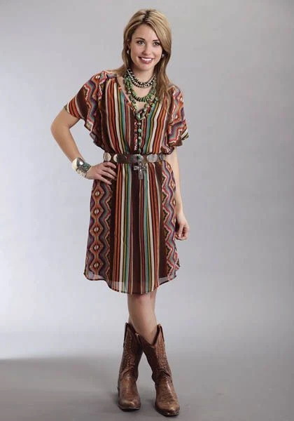 Ladies Serape Printed Chiffon Dress MD Brown