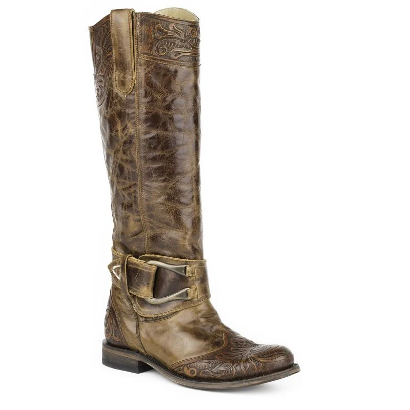 Stetson Ladies Round Hand Tooled Tan Boots