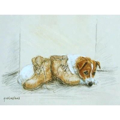 Terrier and Boots by Gill Evans 13 x 10.75